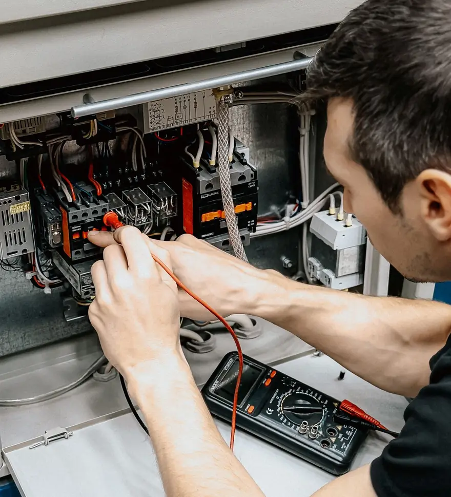 Electrician testing a distribution board with a multimeter